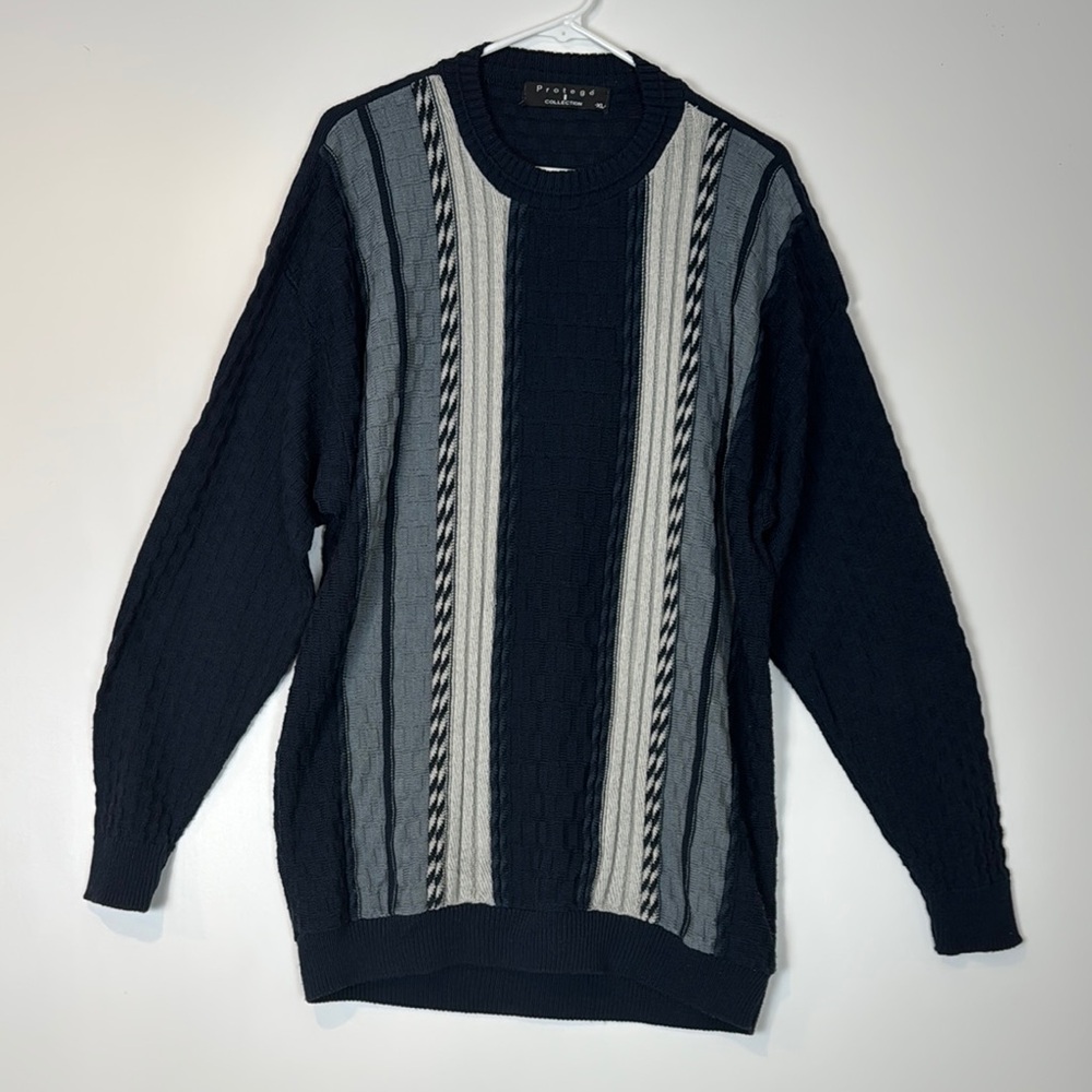 Elegant Gray and Blue Crewneck Sweater with Vertical Stripes